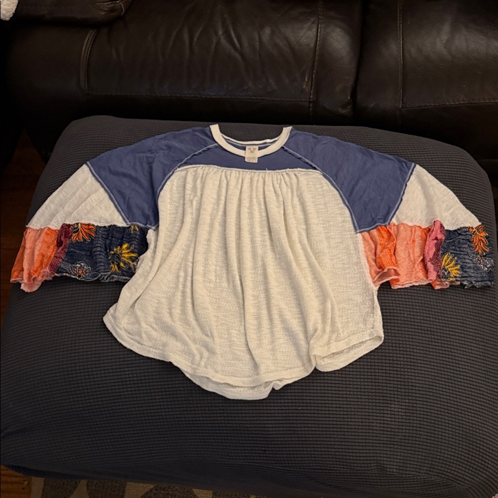 We The Free Blue and White Top with Multicolor Sleeves.  size XS